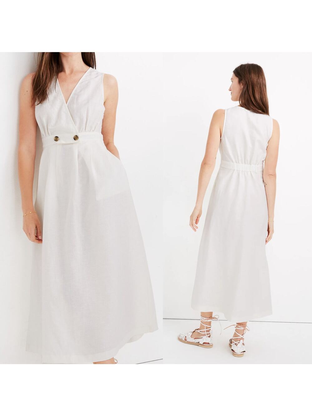 MADEWELL White Button Waist Cotton/Linen Blend Wrap Midi Dress US 6 NWT